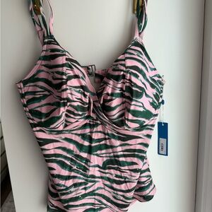 Pink and Green Zebra Print Birdsong Underwire Wrap Tankini Swim Top 38H